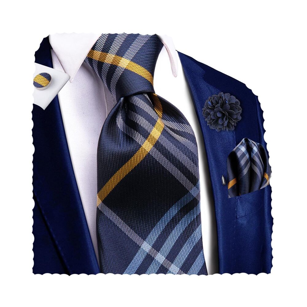 5871 Silk Ties Lapel Pin Handkerchief Cufflinks Set Striped/Paisley/Floral